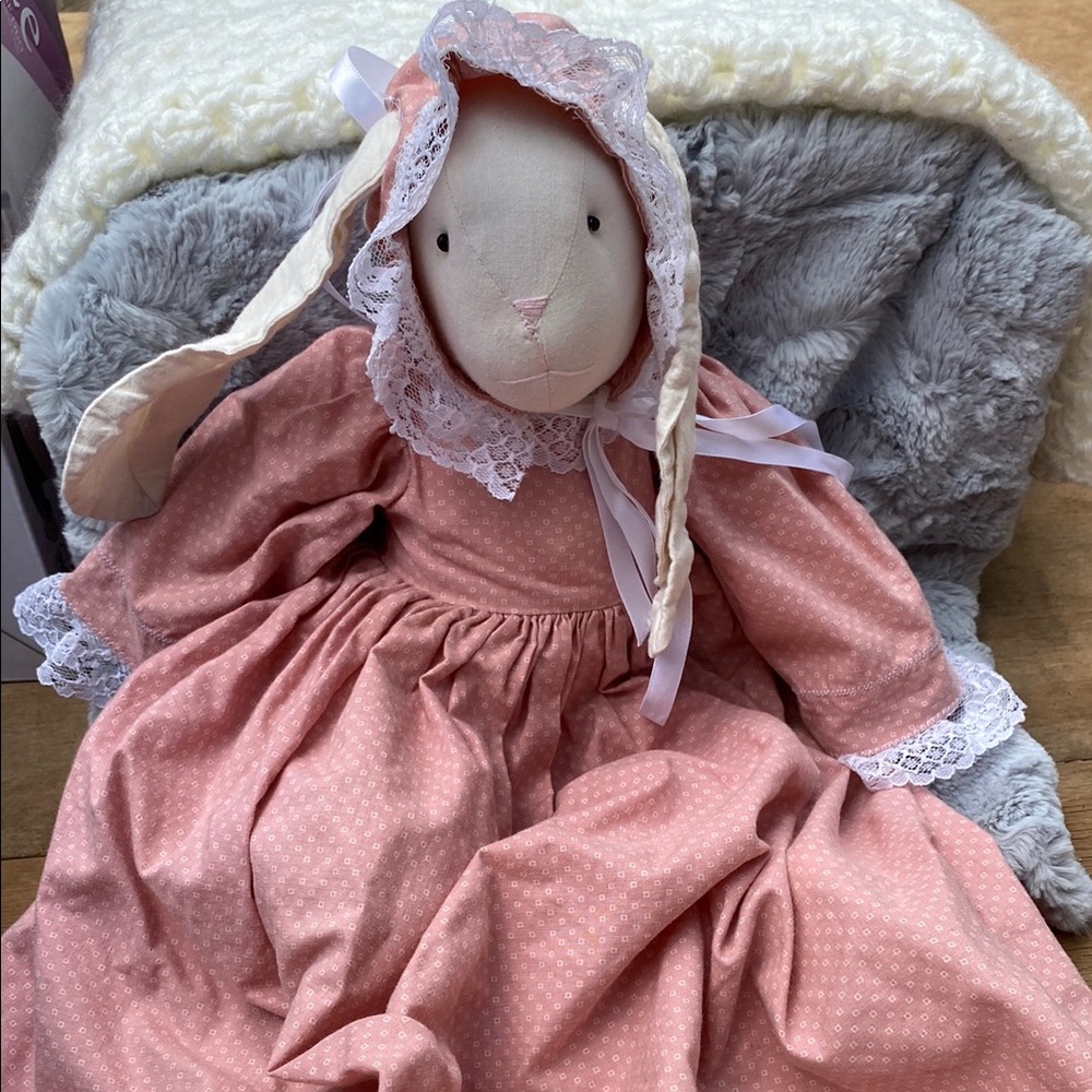 Pink Bunny Doll with Lace Bonnet VINTAGE EASTER BUNNY DOLL